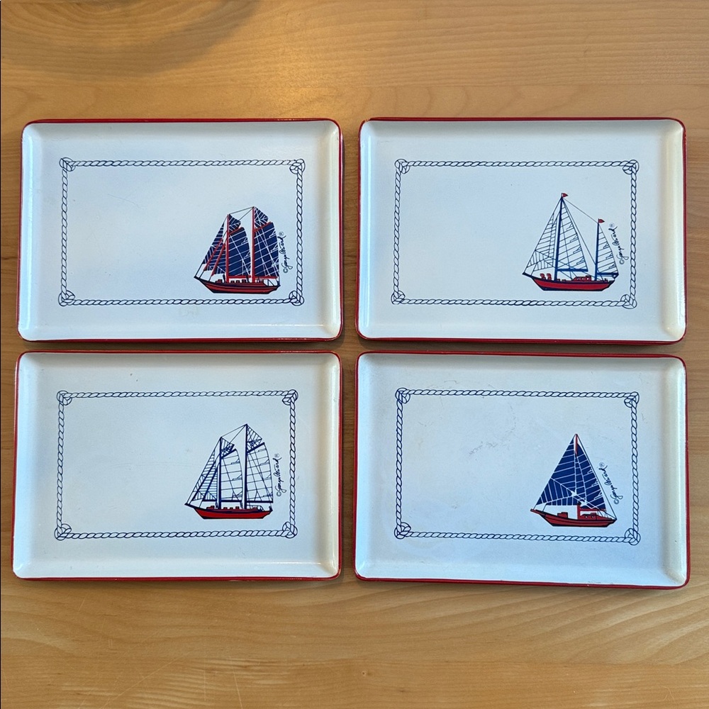 Vintage Georges Briard Nautical Set of 4 Sailboat Trays Made in Japan Coastal